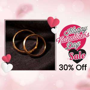 Two golden wedding rings with Valentine's Day themed graphics and sale promotion.