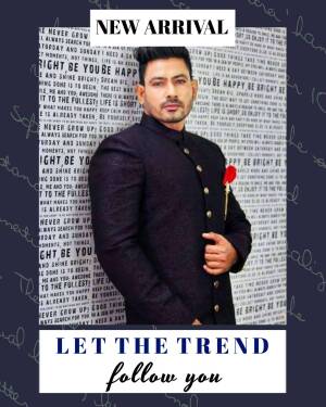 Man wearing a dark blue kurta suit with a red rose, promoting a new arrival.