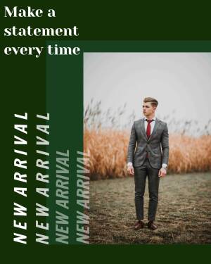 Man in a grey suit standing in a field, promoting a new arrival collection.