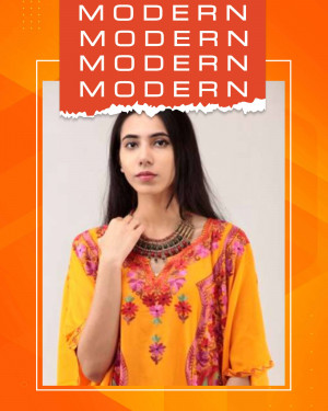 Woman wearing a vibrant yellow embroidered tunic