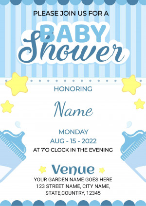 Blue baby shower invitation with stars and baby bottles