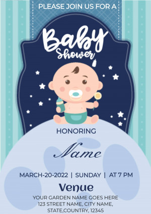 Baby Shower invitation with a cute baby illustration and blue color scheme