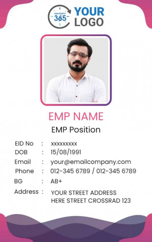 Employee ID card with a professional portrait and personal details.