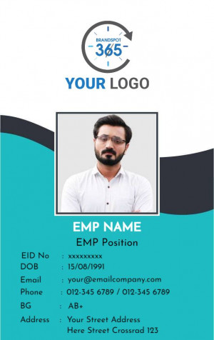 Employee ID card with photo, name, and contact information