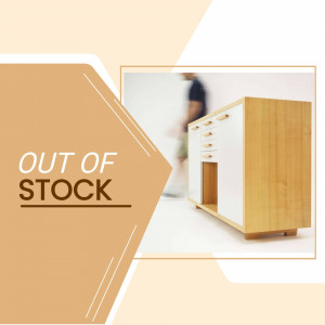 A modern wooden cabinet with a person walking by in the background and 'Out of Stock' text overlay.