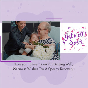 A heartwarming get well soon card featuring a family and floral arrangement.
