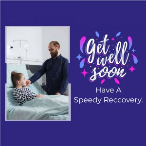 A get well soon card featuring a father and daughter in a hospital room.