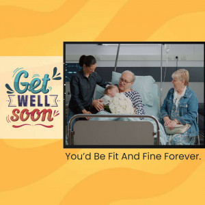 A get well soon card featuring a family visiting a loved one in the hospital.