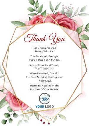 Watercolor floral thank you card with gold geometric frame and text.