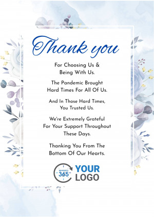 Floral thank you card with a message of gratitude for support during challenging times.