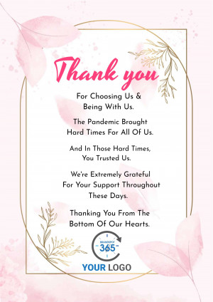 Pink and gold thank you card with floral accents and text expressing gratitude.