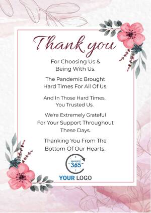 Floral thank you card with a message of gratitude for support during challenging times.
