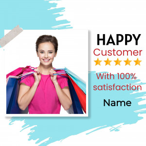 Woman with shopping bags and a 'Happy Customer' graphic