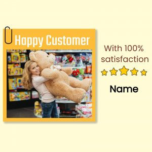 A young girl hugging a large teddy bear in a toy store with text 'Happy Customer' and satisfaction stars.