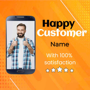 Smartphone displaying a happy customer giving a thumbs up with a testimonial.