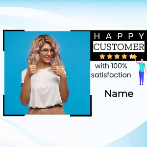Woman giving thumbs up with a 'Happy Customer' graphic