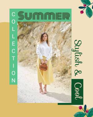 Woman in summer outfit with text overlay 'Summer Collection' and 'Stylish & Cool'