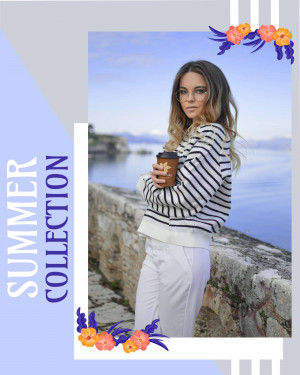 Woman in striped sweater and white pants holding a coffee cup with a summer background.