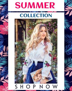 Woman wearing white embroidered blouse and skirt promoting summer collection