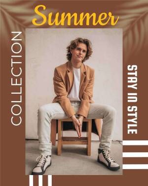 Man in a tan suit posing for a summer fashion campaign