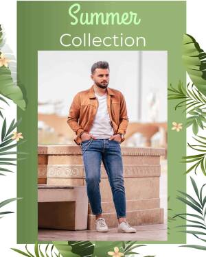 Man wearing a brown leather jacket and jeans in a summer setting