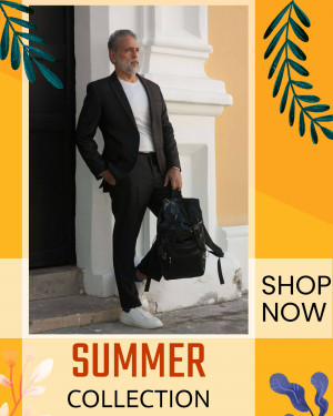 Man in black suit with backpack and white sneakers, promoting summer collection.