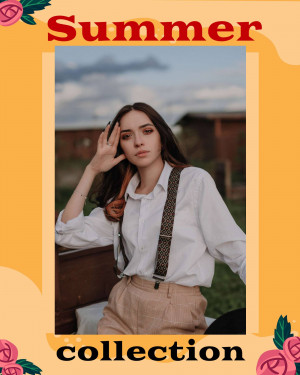 Woman in white shirt and suspenders promoting a summer collection