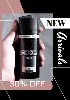 Axe Black deodorant spray being held in a hand with a 'New' and '30% Off' promotion.