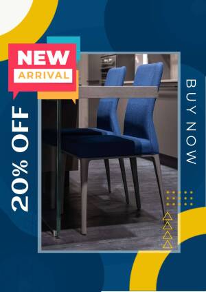 Image of two blue dining chairs with a 20% off promotion.