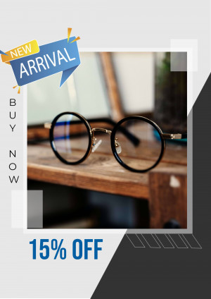 Close-up of round frame eyeglasses with a 'New Arrival' and '15% Off' promotion.