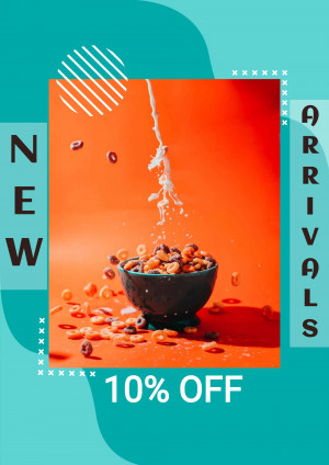 Bowl of cereal with milk splash and promotional text