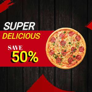 Super Delicious Pizza - 50% Off! Social Media Post For Twitter