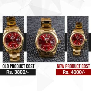 Three images of a gold Rolex watch with price comparison.