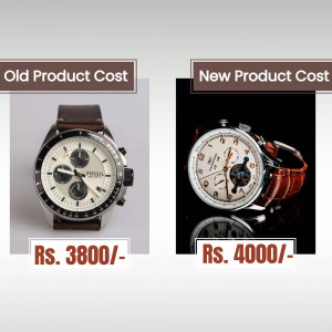 Side-by-side comparison of an old and new Fossil watch with price tags.