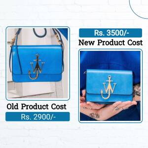 Image showing a blue handbag with an anchor detail, comparing old and new product costs.