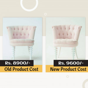 Two pink armchairs with different price tags, showcasing old and new product costs.