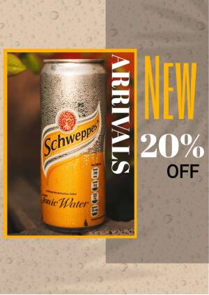 Schweppes Tonic Water can with a 'New Arrivals 20% Off' promotion.