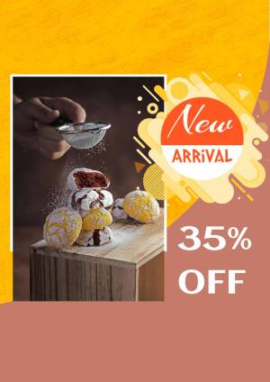 Stack of powdered sugar cookies with a 'New Arrival' promotion and discount offer.