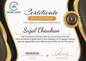 Elegant gold and black certificate of achievement with a laurel wreath and seal.