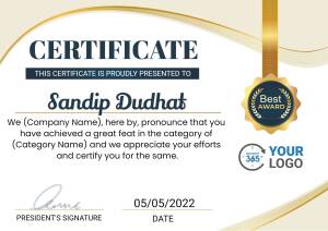 Certificate awarded to Sandip Dudhat for outstanding achievement