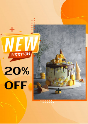 Delicious layered cake with a 'New Arrival' and '20% Off' promotion.