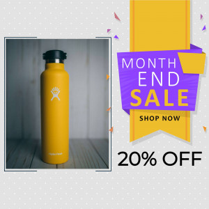 Yellow Hydro Flask water bottle with a month end sale banner
