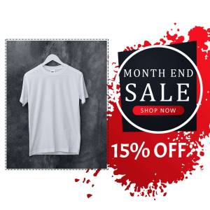 White t-shirt mockup with a month end sale promotion graphic.
