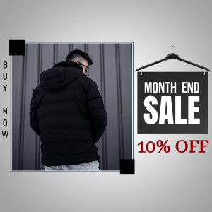 Man wearing a black hooded jacket with a sale promotion for 10% off