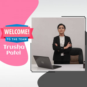 Professional portrait of Trusha Patel, a new team member, with a welcome message.