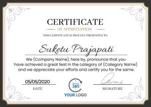 Certificate of Appreciation presented to Suketu Prajapati