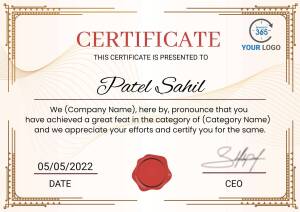 Certificate awarded to Patel Sahil for achieving a great feat.