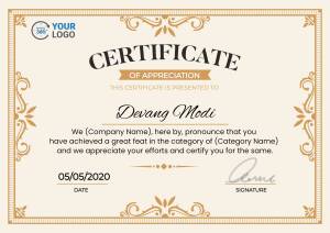 Elegant Certificate of Appreciation with ornate border and gold accents.