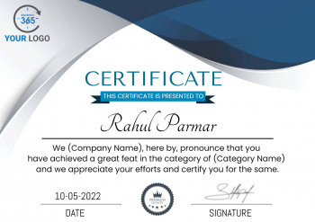 Certificate awarded to Rahul Parmar for outstanding achievement