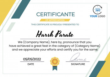 Certificate of Appreciation awarded to Harsh Parate